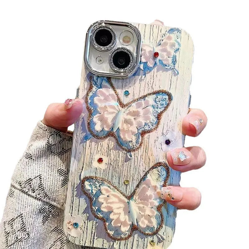 Pink plastic phone case with colour oil painting butterfly print for iPhone 11-15 series