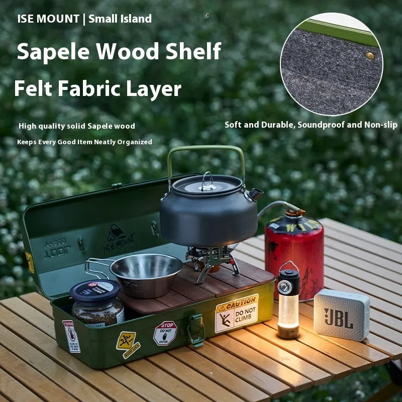 Outdoor camping toolbox with stickers, measuring 36x15x11cm, available in multiple colours with lining options