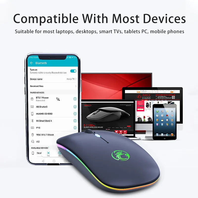 White rechargeable dual-mode silent wireless mouse with blue scroll wheel light on a wooden desk