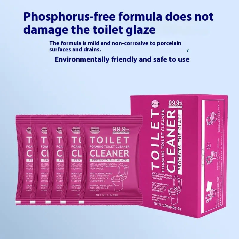 Box and bag of toilet bubble powder descaler cleaner in blue and pink fragrance options.