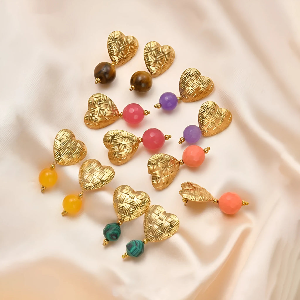 Woven love heart electroplated ear studs with hanging beads in six colours rose red brown purple watermelon green orange yellow