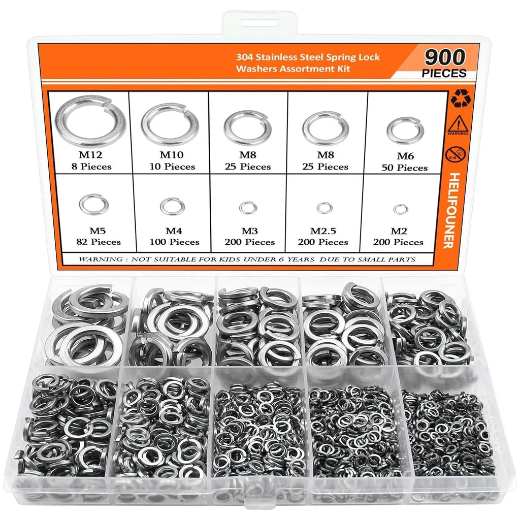 Open box showing assortment of 304 stainless steel spring lock washers in various sizes from 2mm to 12mm.