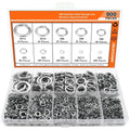 Open box showing assortment of 304 stainless steel spring lock washers in various sizes from 2mm to 12mm.