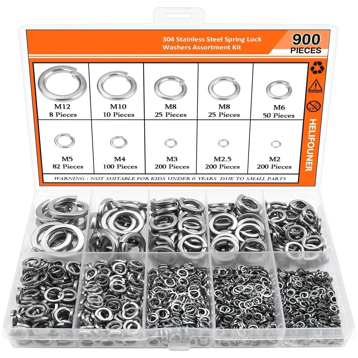 Open box showing assortment of 304 stainless steel spring lock washers in various sizes from 2mm to 12mm.