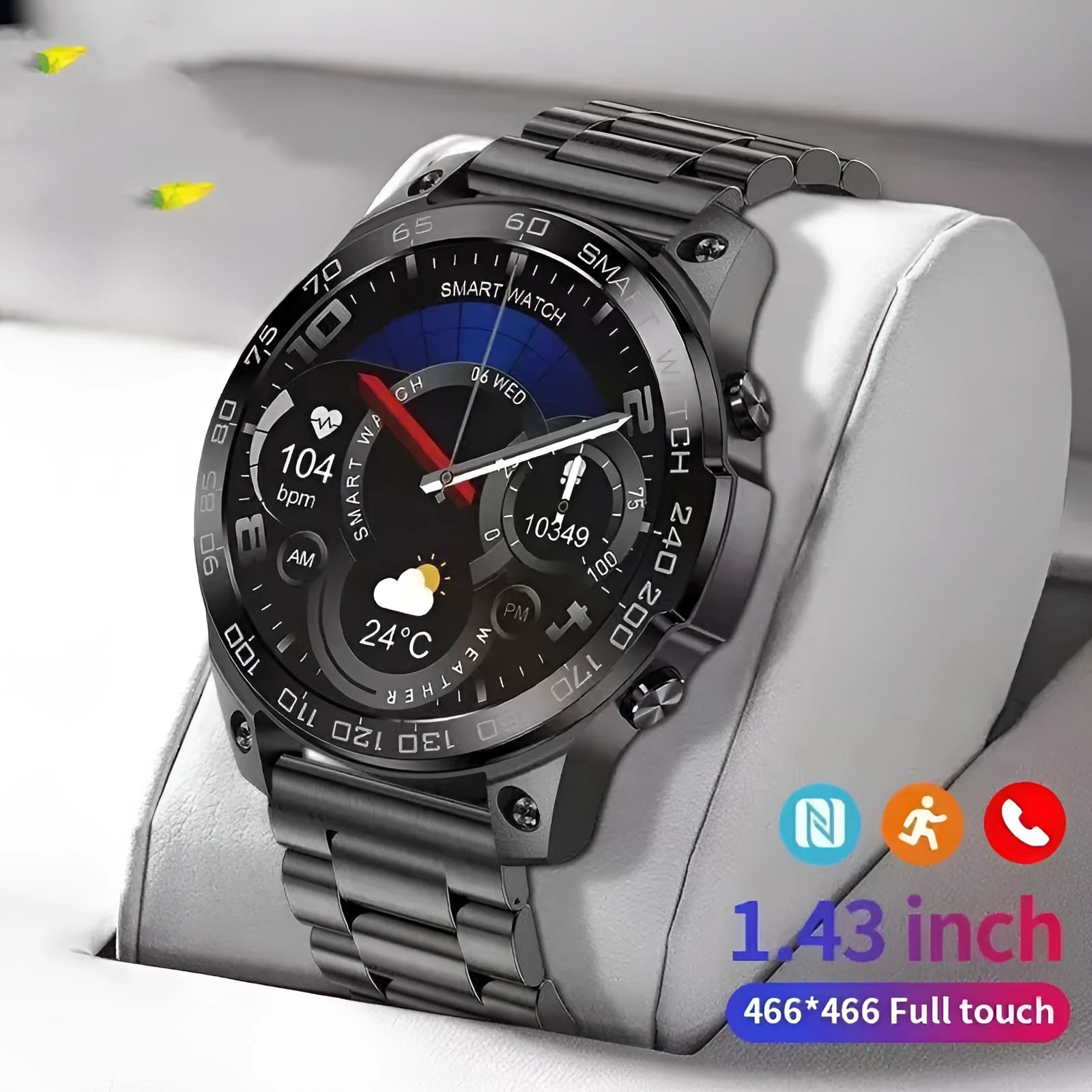 Round Bluetooth sports watch with AMOLED display on a silicone strap, showing heart rate and call functions.