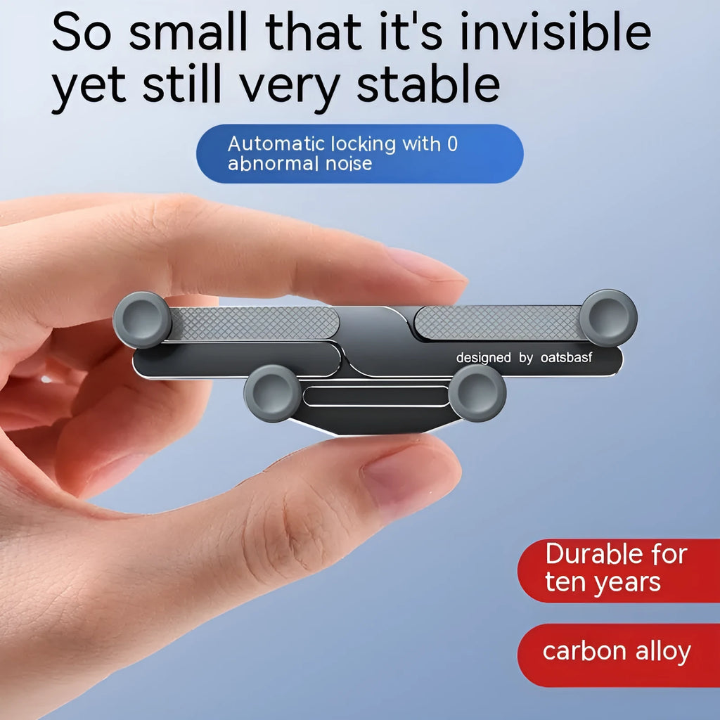 Silver aluminium alloy car phone holder with snap-on bracket mounted on a car air vent