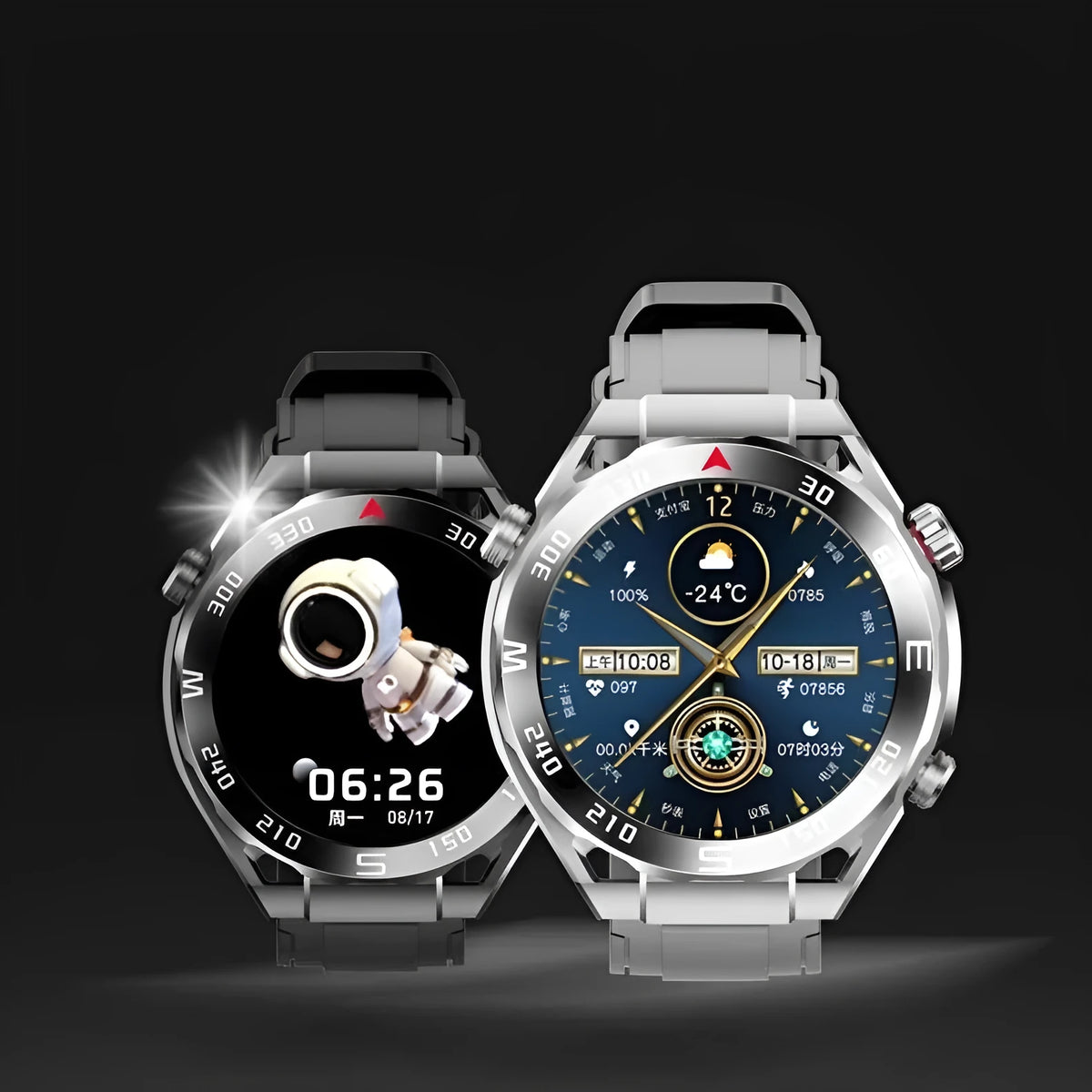 Smart phone Bluetooth sports watch with 1.39 inch screen, zinc alloy IML case, liquid silicone steel belt strap, in Black, Gold, or Silver.