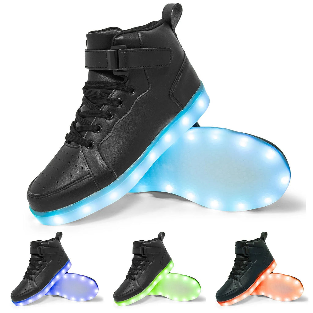 A pair of black high-top LED dancing shoes with Velcro fastening and a lit-up sole.