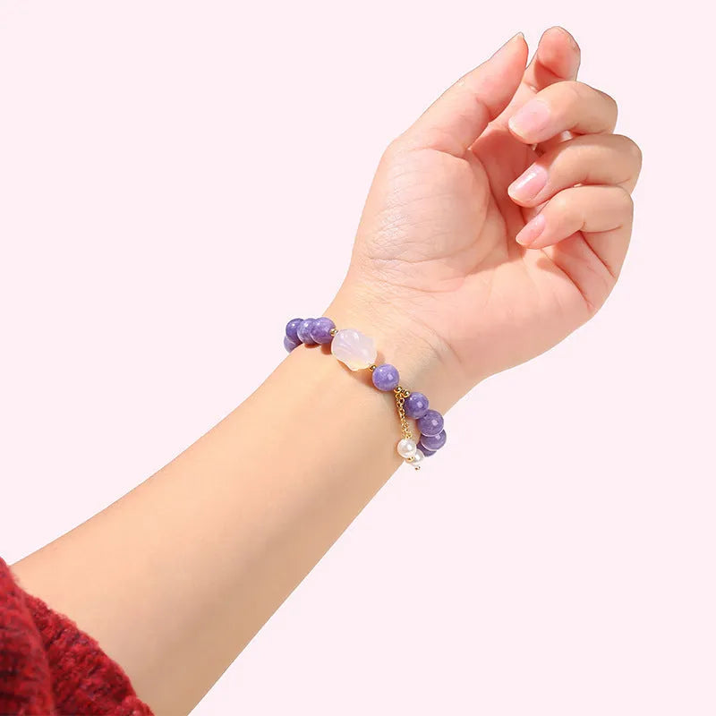 Purple aquamarine chalcedony lychee jelly agate rabbit bracelet with geometric design and round elements