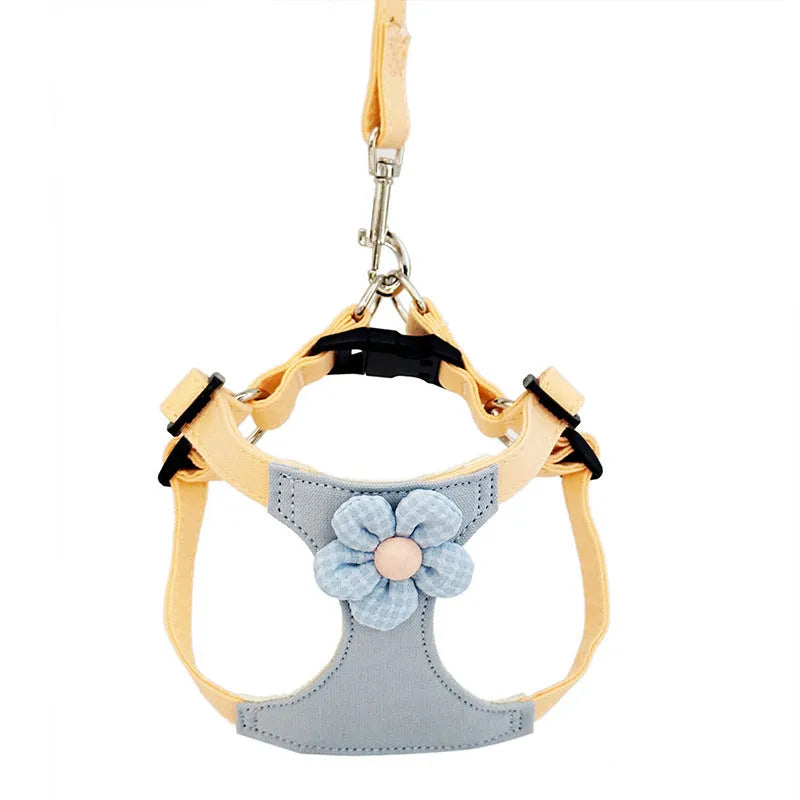 Dog hand holding rope vest small dog chest harness set in beige dots flowers with traction rope