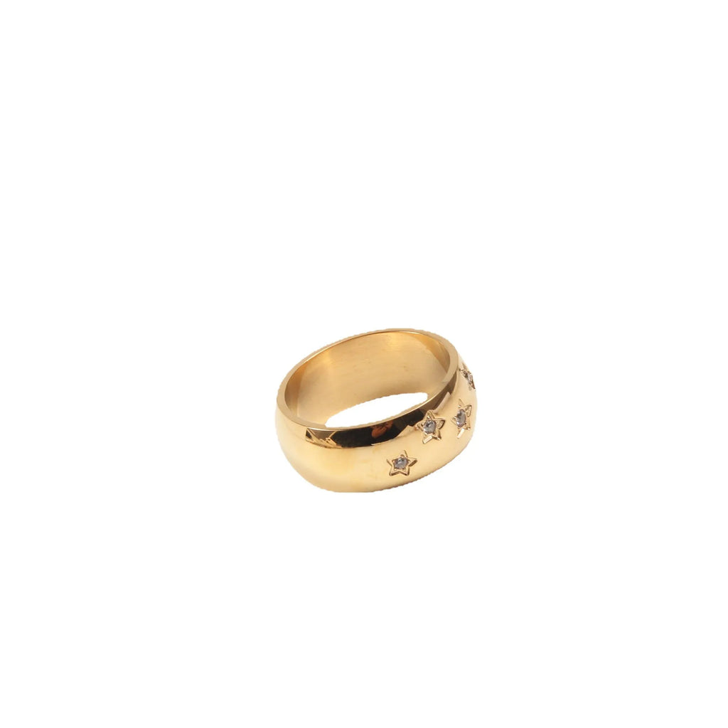 Gold titanium steel ring with star-shaped zircon inlay, diamond set, geometric Korean style