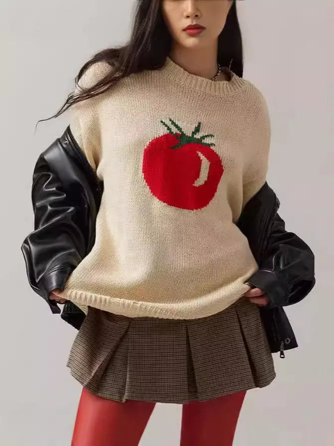 Women's loose-fitting acrylic sweater with round neck, long sleeves, and Jacquard craft in beige.