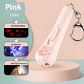 Cream white plastic cat teaser wand with laser light and attached fabric catnip pouch on a table.
