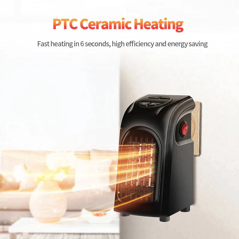 Small black ceramic fan heater with control buttons on top, showing plug and compact size.