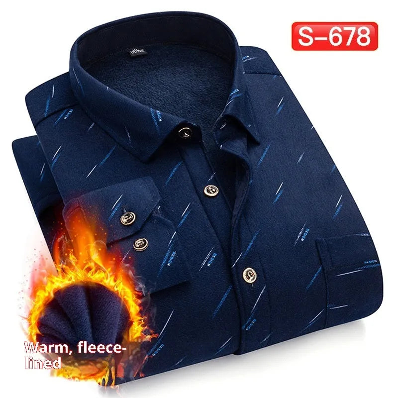 Men's fleece lined padded shirt long sleeve autumn winter warm middle-aged cardigan in double-sided velvet fabric