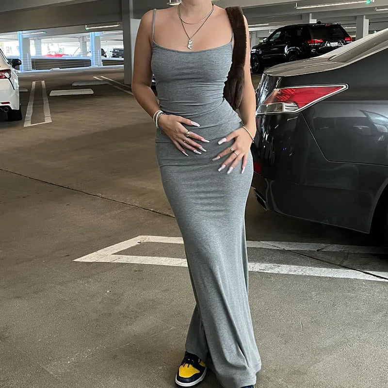 Spaghetti strap long bodycon dress for women, solid colour, high waist A-line skirt, available in pink