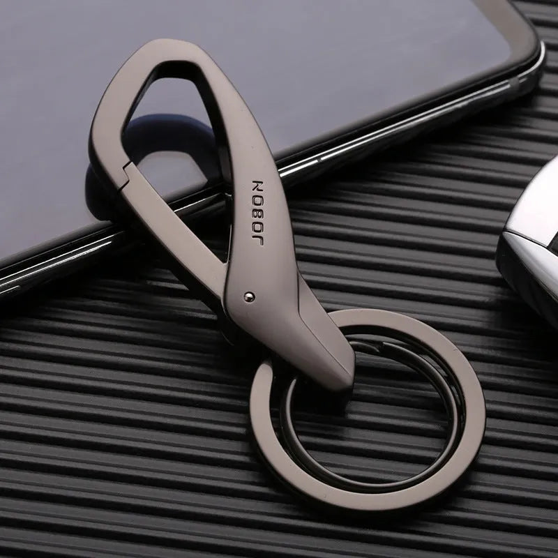 Zinc alloy car key waist hanging double ring keychain in black, chrome, or nickel colour, measuring 8.3 by 3.5 cm.