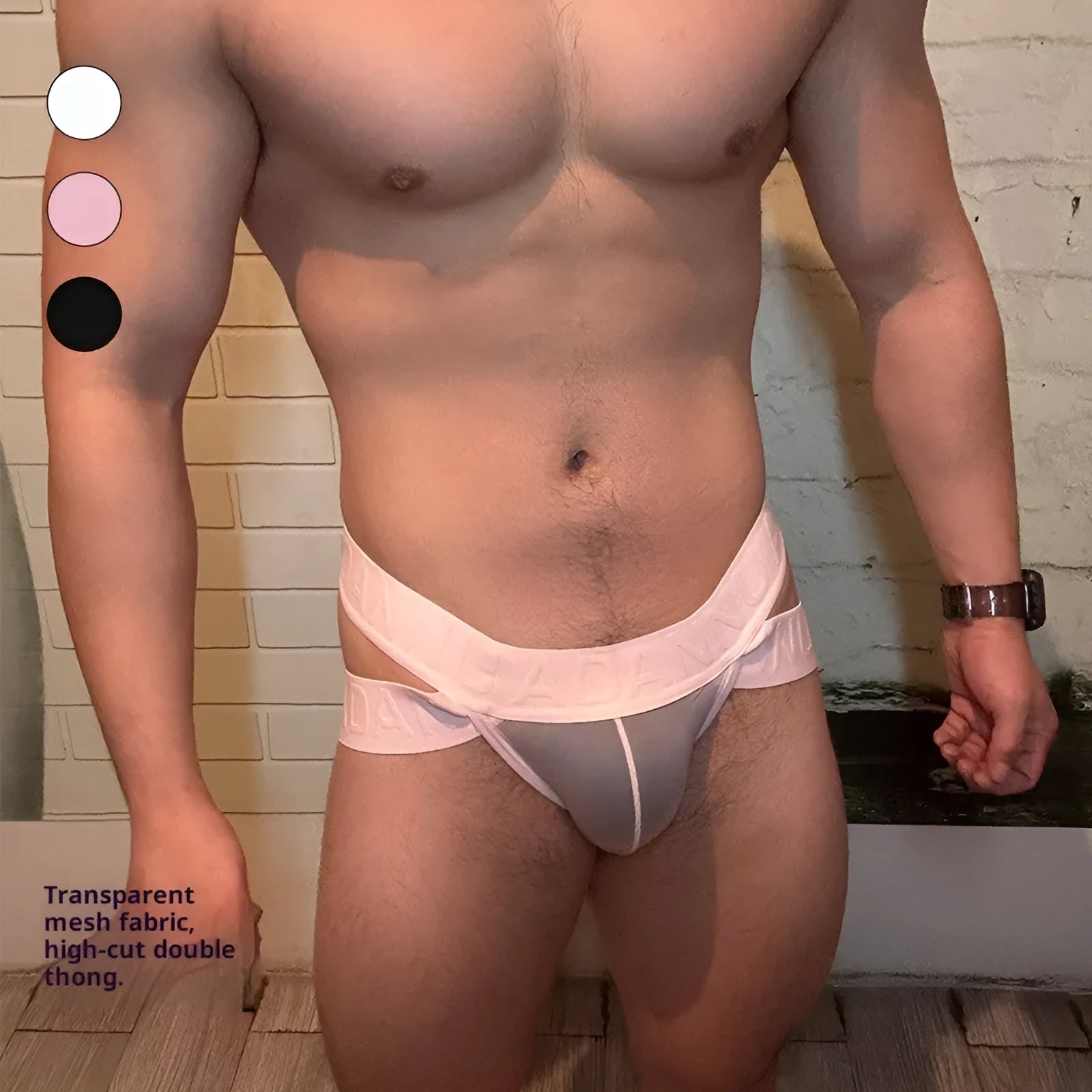 Single layer see-through nylon mesh men's low waist briefs in solid colour, quick-drying design