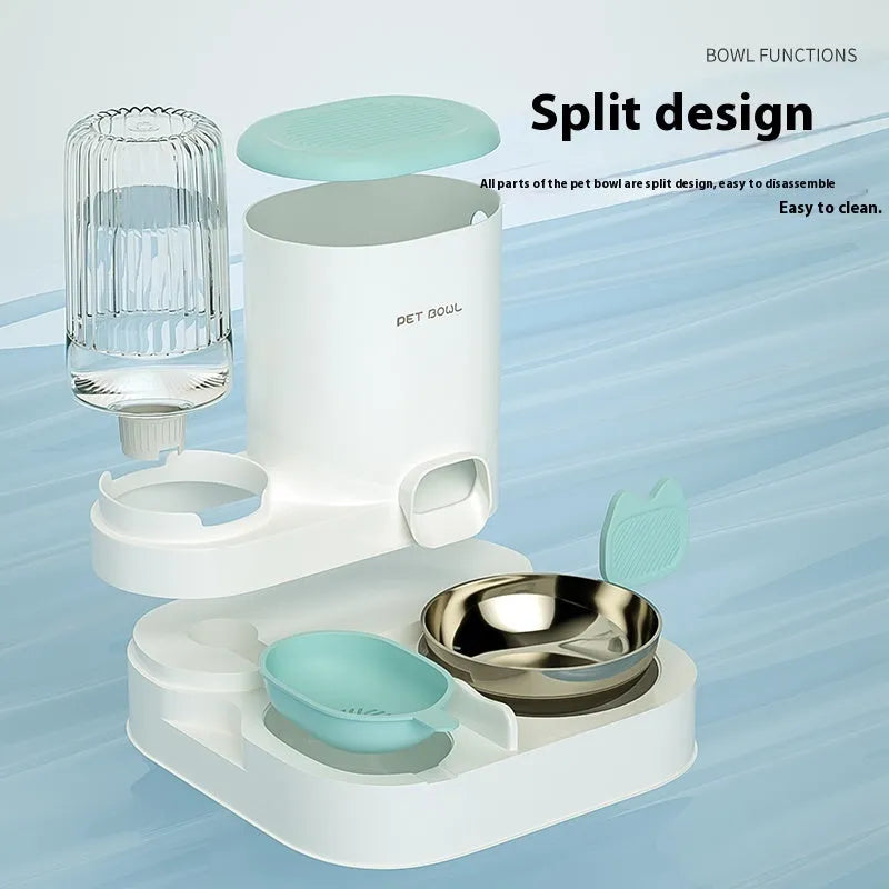 Automatic cat water fountain with two stainless steel food bowls attached, in avocado green colour.