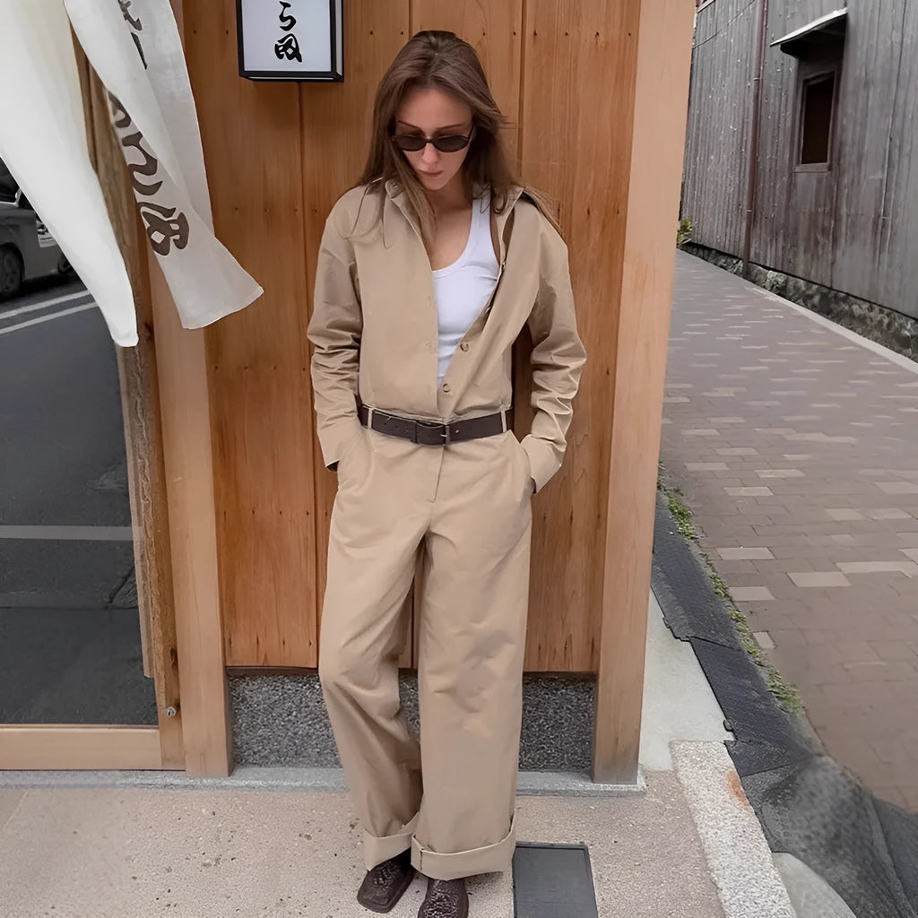 Khaki cargo overalls with drop-shoulder sleeves and mid-waist trouser cut front view