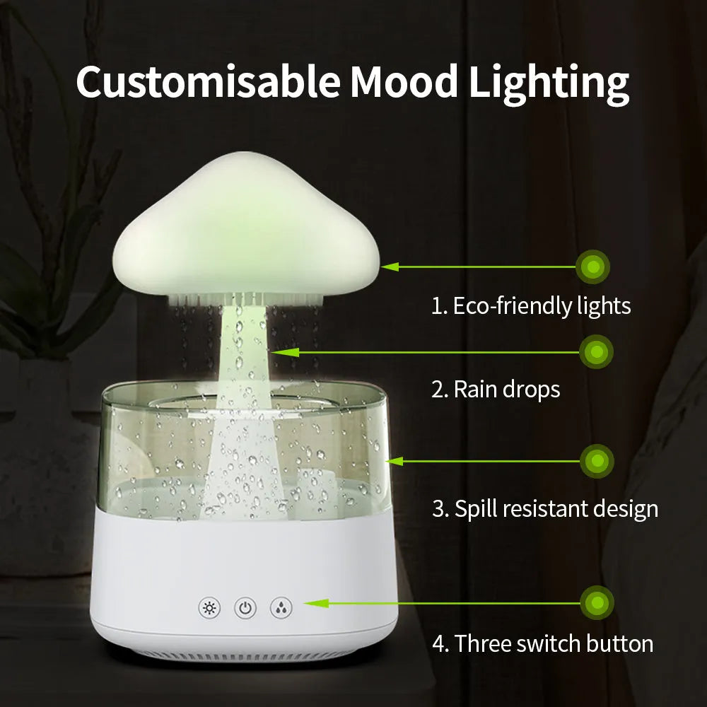 2-in-1 desk humidifier with raining cloud night light and essential oil diffuser in wood grain or white colour