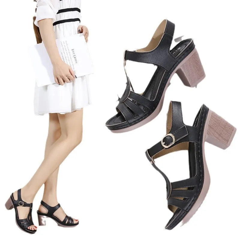 Women's patent leather high heel sandals with a thick heel and decorative metal buckle.