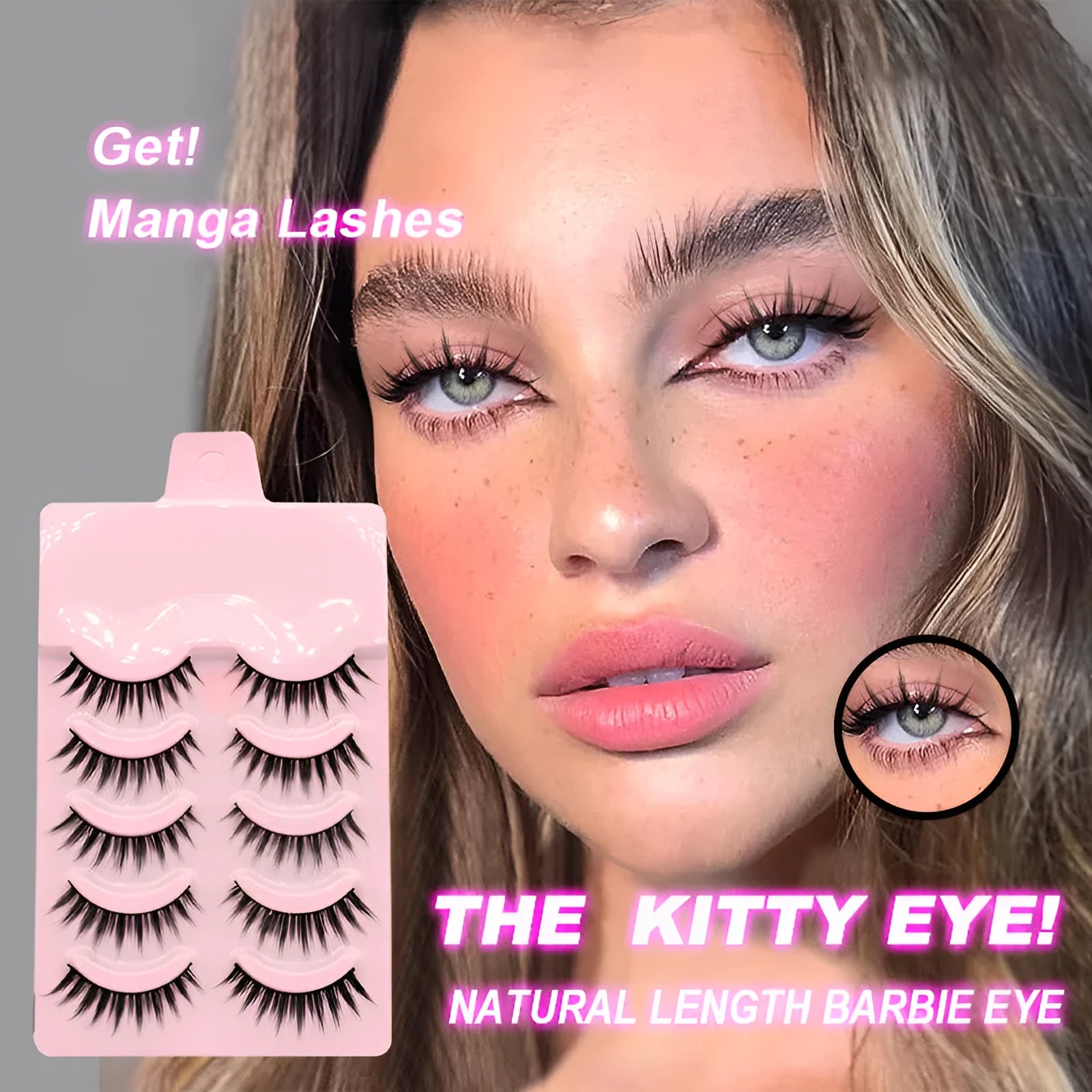 Pack of black manga style false eyelashes with natural wispy length for Korean makeup and cosplay.