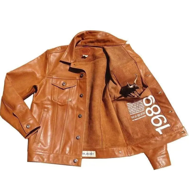 Men's cowhide leather vest jacket ultra-short retro workwear black coffee colour front view