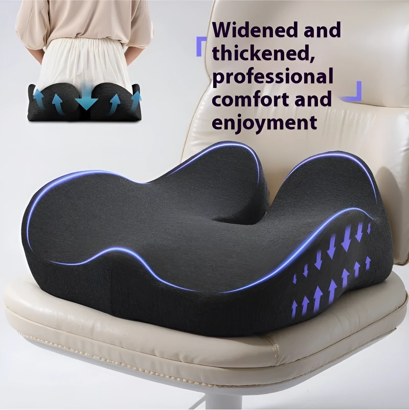 Light grey memory foam office chair seat cushion on a desk chair.