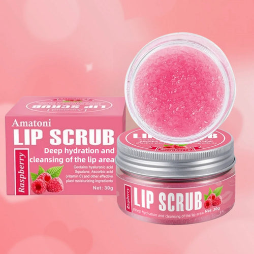Amatoni Lip Scrub 30g tube in fruit flavours: coconut, raspberry, vanilla, watermelon