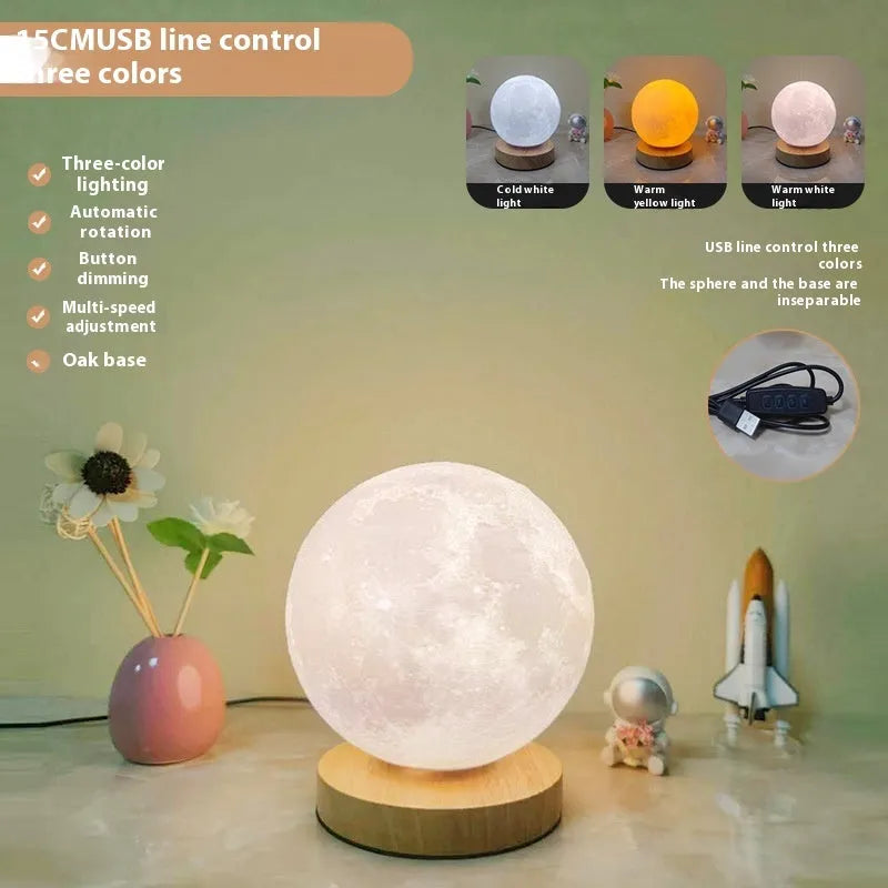 Rotating sleeping moon night lamp with wooden base showing three colour settings