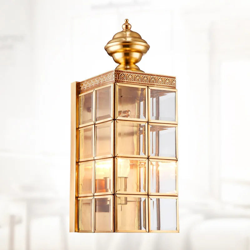 Gold copper LED wall lamp with glass shade, E27 holder, 130x410x150mm, for balcony or courtyard