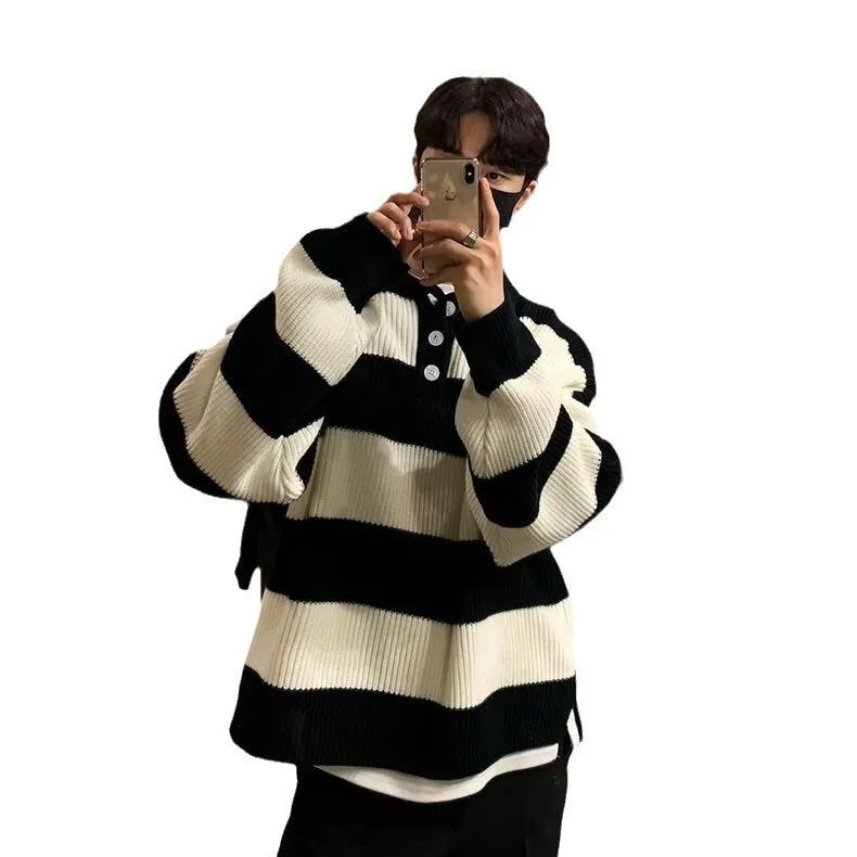 Men's loose fit black and grey striped sweater coat with long sleeves and pullover design