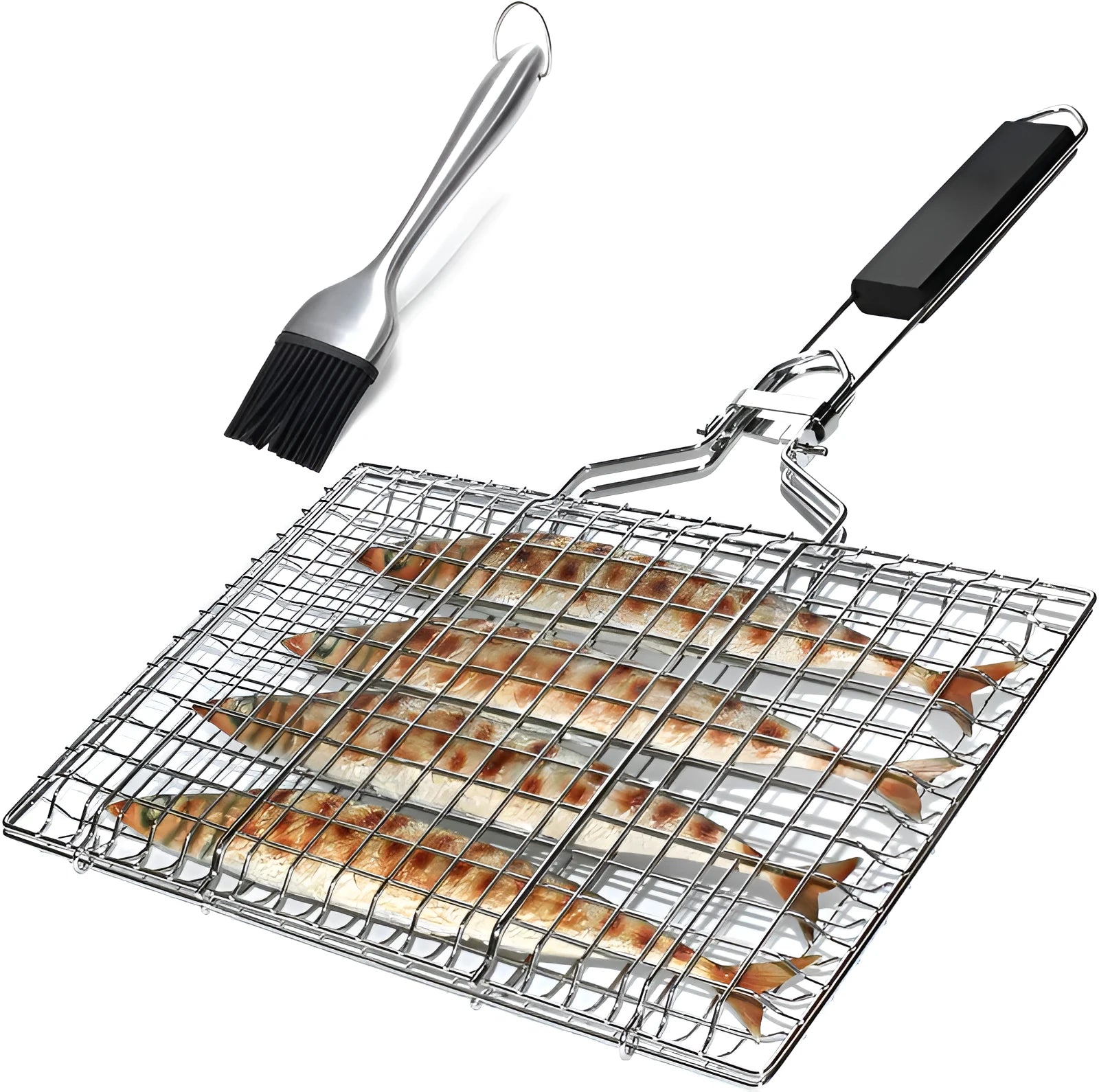 Square folding stainless steel barbecue mesh basket with a cleaning brush.