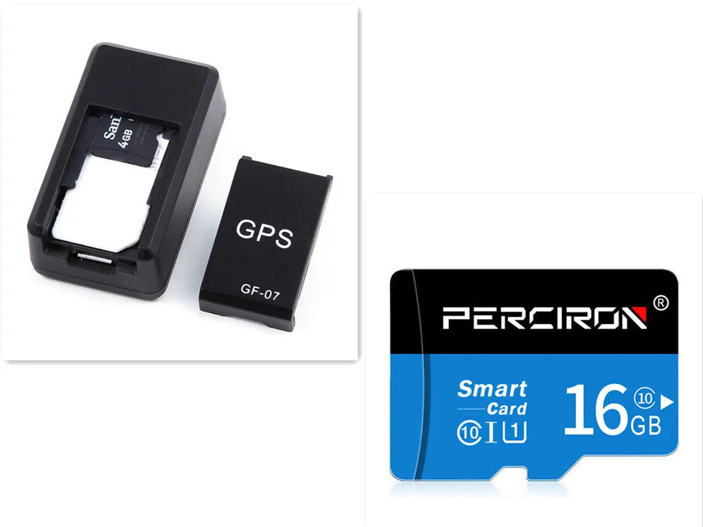 Small black magnetic GPS car tracker with USB charging cable on a metal surface.