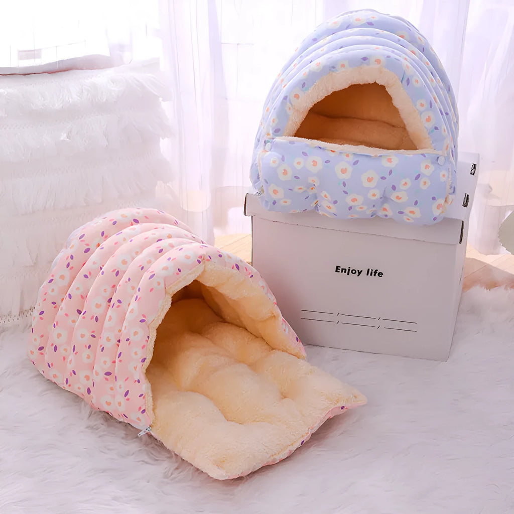 Closed winter cat nest with removable floral cloth cover in M and S sizes