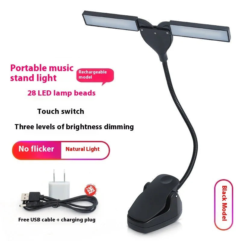 Rechargeable black music stand lamp with 28 LEDs and a USB cable.