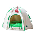 Grey dome-shaped cloth tent cat bed with a removable thick cushion pad inside.