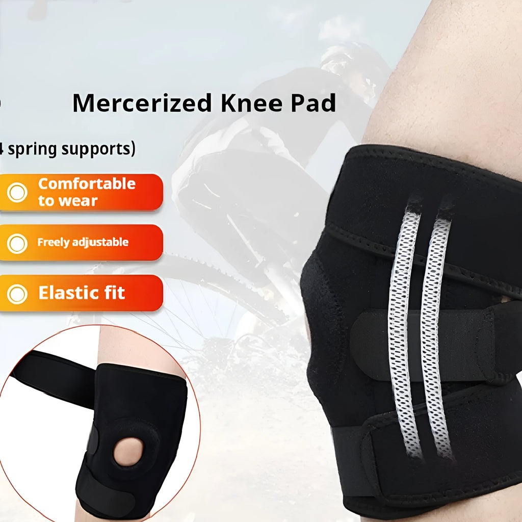 Close-up view of a grey nylon spring support knee pad on a person's knee, showing the fabric texture and strap.