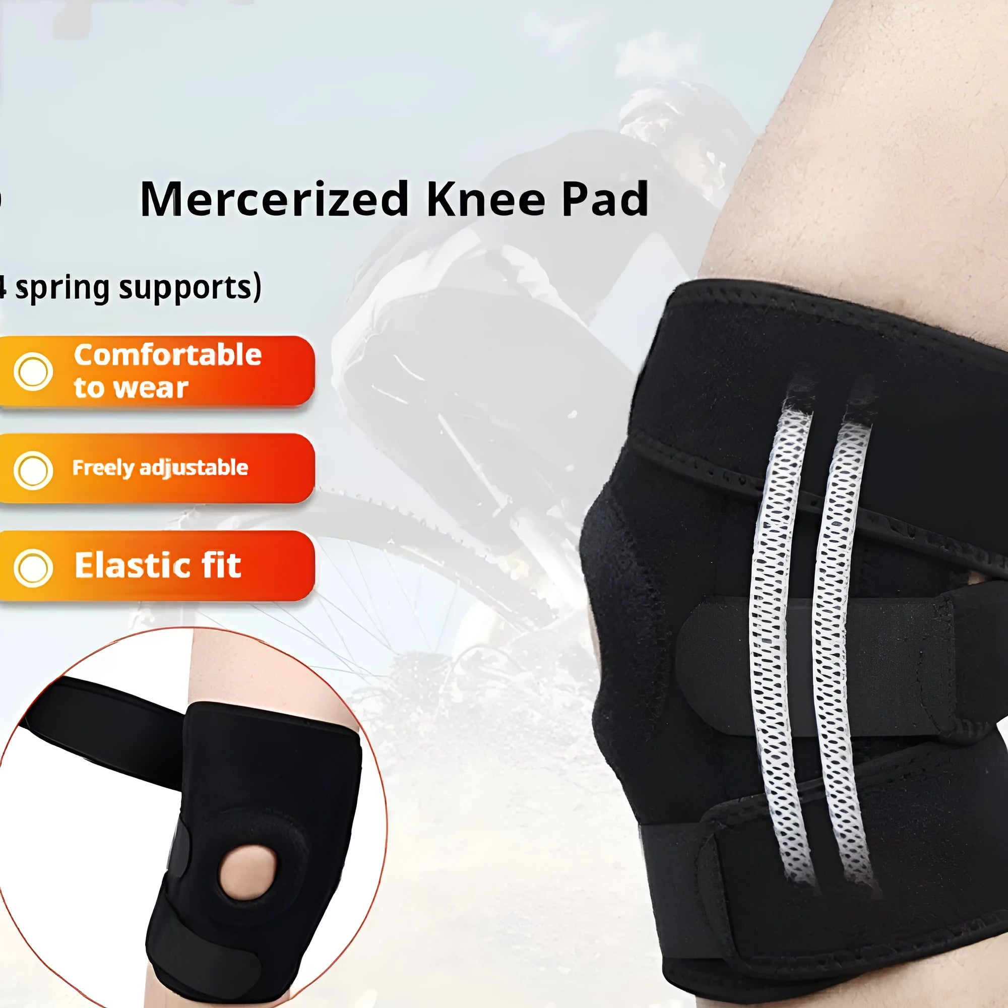 Close-up view of a grey nylon spring support knee pad on a person's knee, showing the fabric texture and strap.
