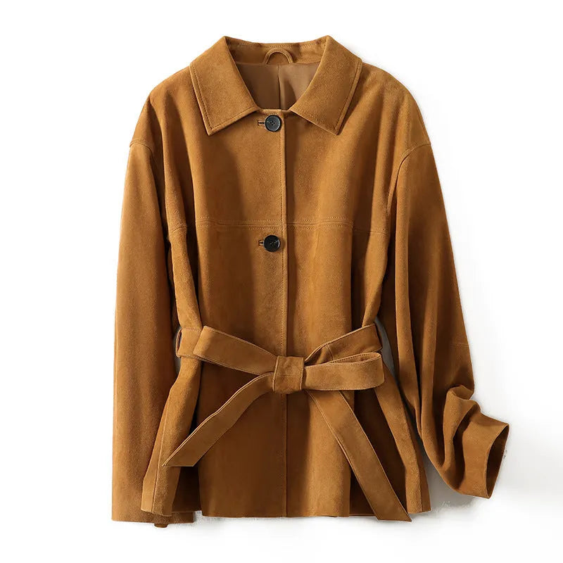 Yellow brown mid-length cashmere coat with a Peter Pan collar and decorative leather stitching on the front.