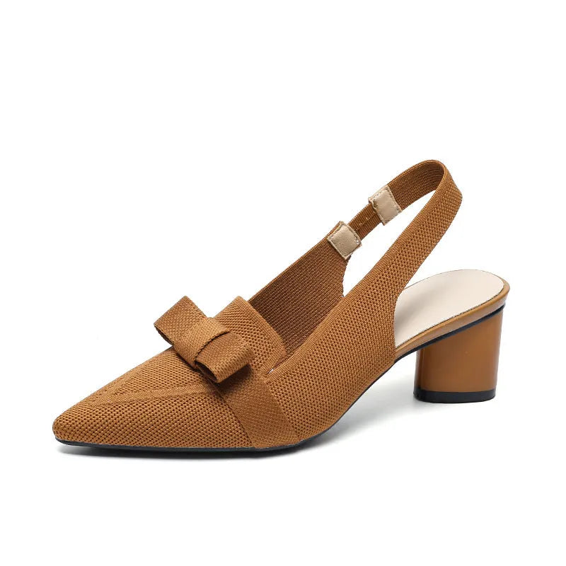 Women's closed toe bow high heel sandals with ankle buckle in various solid colour options