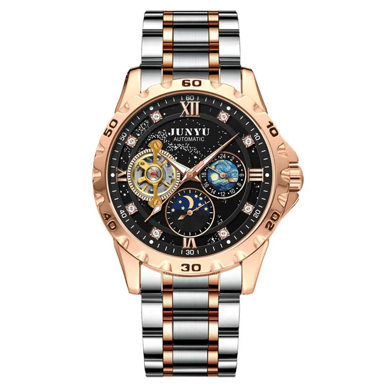 Men's automatic mechanical watch with luminous hands on a wrist, shown in rose gold with a black starry sky dial.