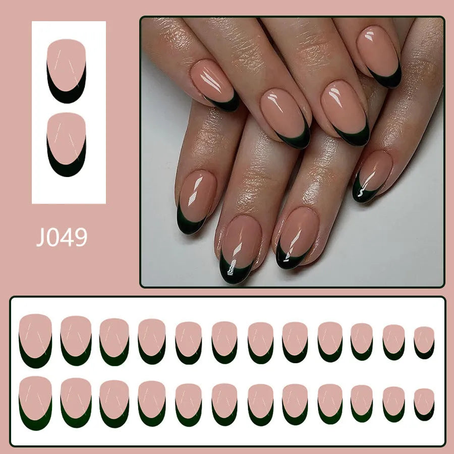 French manicure false nails black almond shape 24 piece set