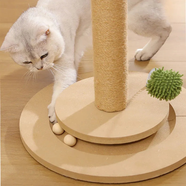 Vertical cat climbing frame with beige hemp rope scratching posts and a wooden platform in a room corner