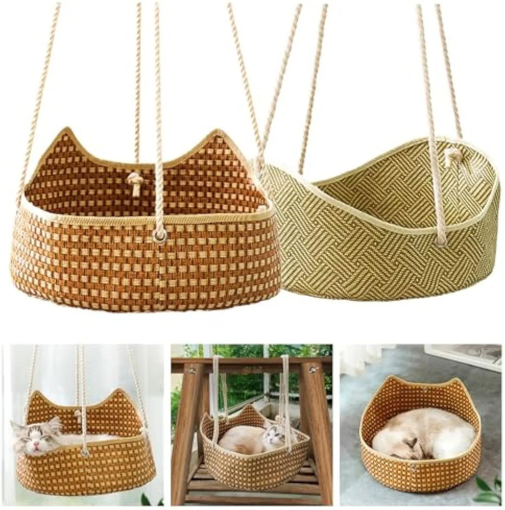 Green rattan cat hammock with cotton ropes and metal hooks, shown hanging.