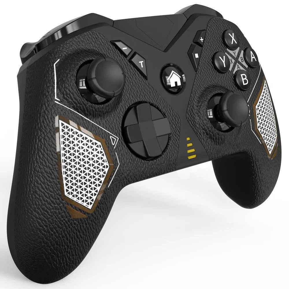 Black wireless game controller with leather-pattern texture on grips, shown next to a Type-C charging cable.