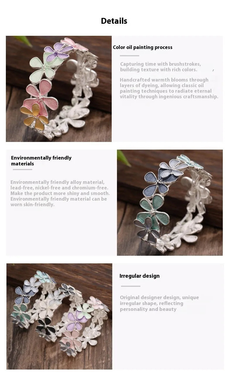 Zinc alloy flower elastic bracelet for women with dripping oil finish in blue, black, or colourful design.