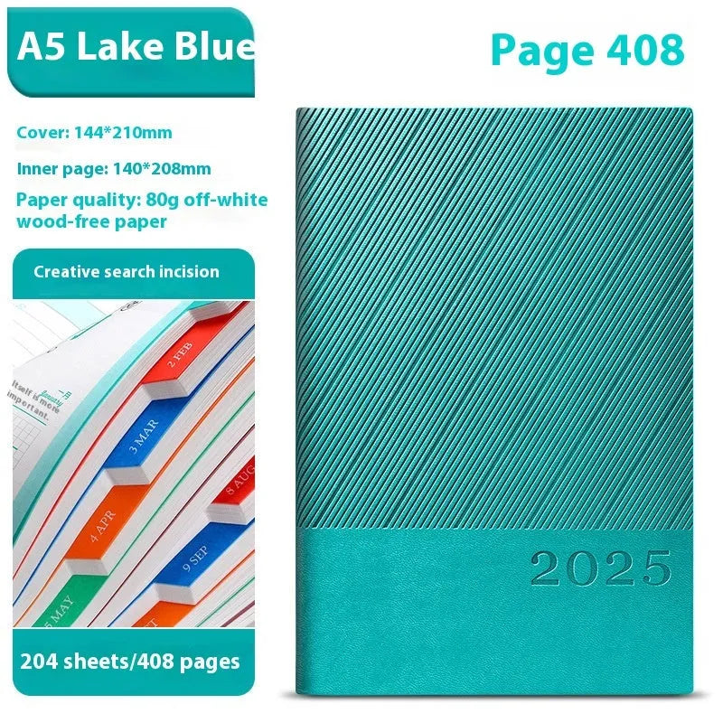 Business notepad with striped PU leather cover showing 204 sheet capacity and wood-free paper