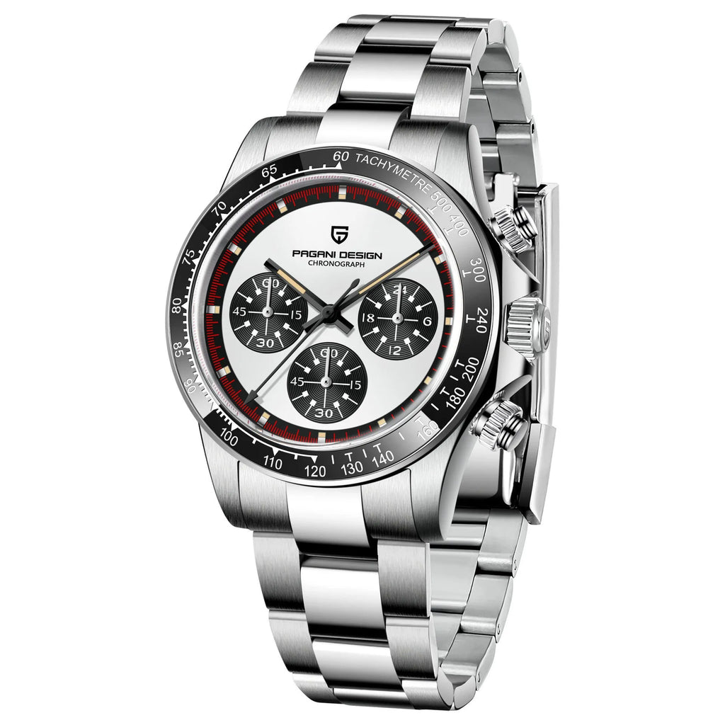 Berjani men's stainless steel chronograph watch with black dial and metal bracelet.